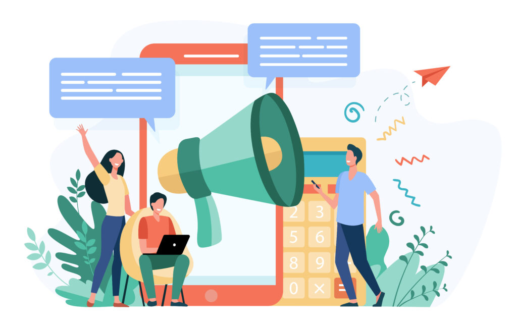 Bloggers advertising referrals. Young people with gadgets and loudspeakers announcing news, attracting target audience. Vector illustration for marketing, promotion, communication concept